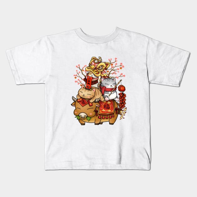 Chinese New Year Cats on Ox Kids T-Shirt by Takeda_Art